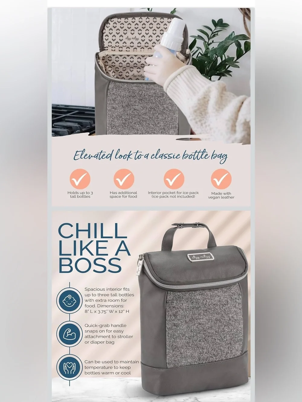 Itzy Ritzy Insulated Bottle Bag Grayson Textured Front Panel